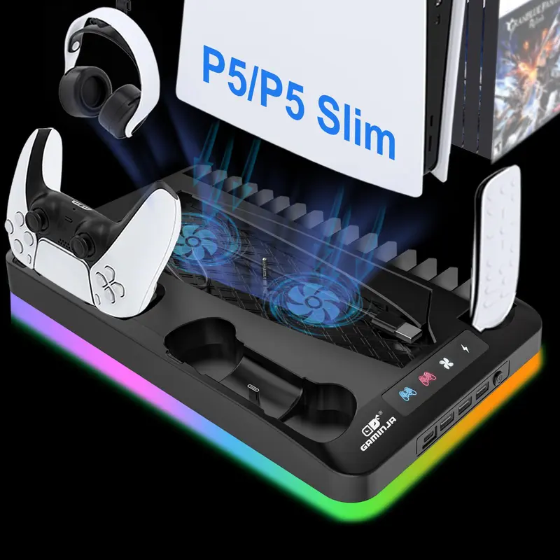 Gaming Console Charging Base, Dual Charging Stand with Earphone Hook, Vertical Cooling Support, Back to School Supplies, Console Accessories for PS5 Controller, Controller Accessories Durable Smartphone Portable Compact 0