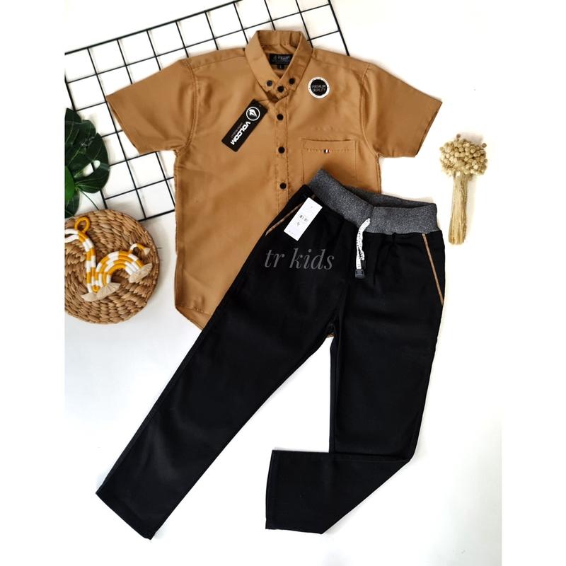 GRATIS ONGKIR/ COD Setelan Kemeja Polos Chinos Panjang Keren Produk Terbaru untuk Umur 2-12 Tahun 4