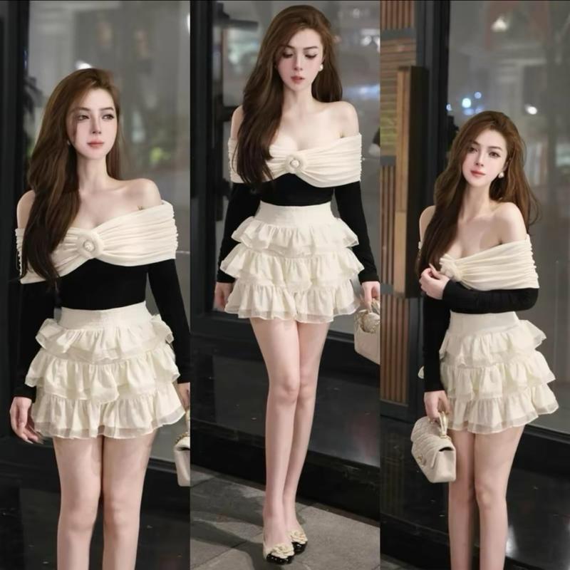 Set Áo Thun Nhũ Bẹt Vai Mix Chân Váy 3 Tầng Kèm Hoa Trà Rời Tiểu Thư Dress Nữ - DinhLanAnhStore Women