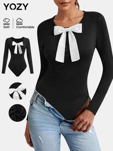 YOZY Women's Bow Decor Bodysuit, Casual Long Sleeve Round Neck Bodysuit for Daily Wear, Ladies Clothes for All Seasons