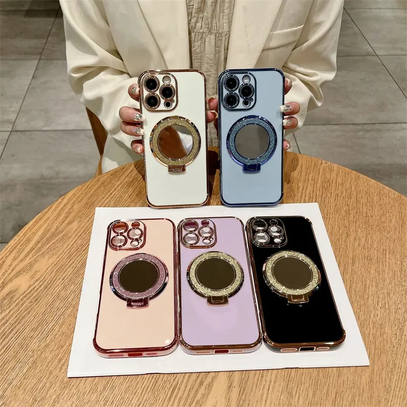 Luxury Plating Cute Flowers Phone Case For iPhone 11 12 13 14 15 16 Pro Max Glitter Stand Soft Bumper Protector On 14 Pro Cover Protection Protective Casing Shockproof