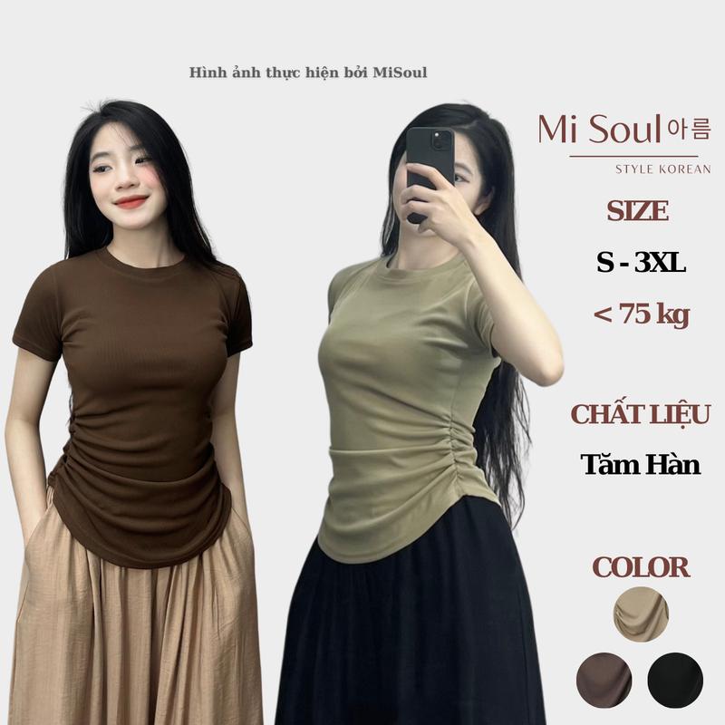Áo Thun Cộc Tay MiSoul Nữ Chất Liệu Tăm Hàn Mềm Mát Nhún Eo Vạt Tròn BigSize , Áo Cổ Tròn 271 Áo Thun Top Nữ Women Shirt Đen