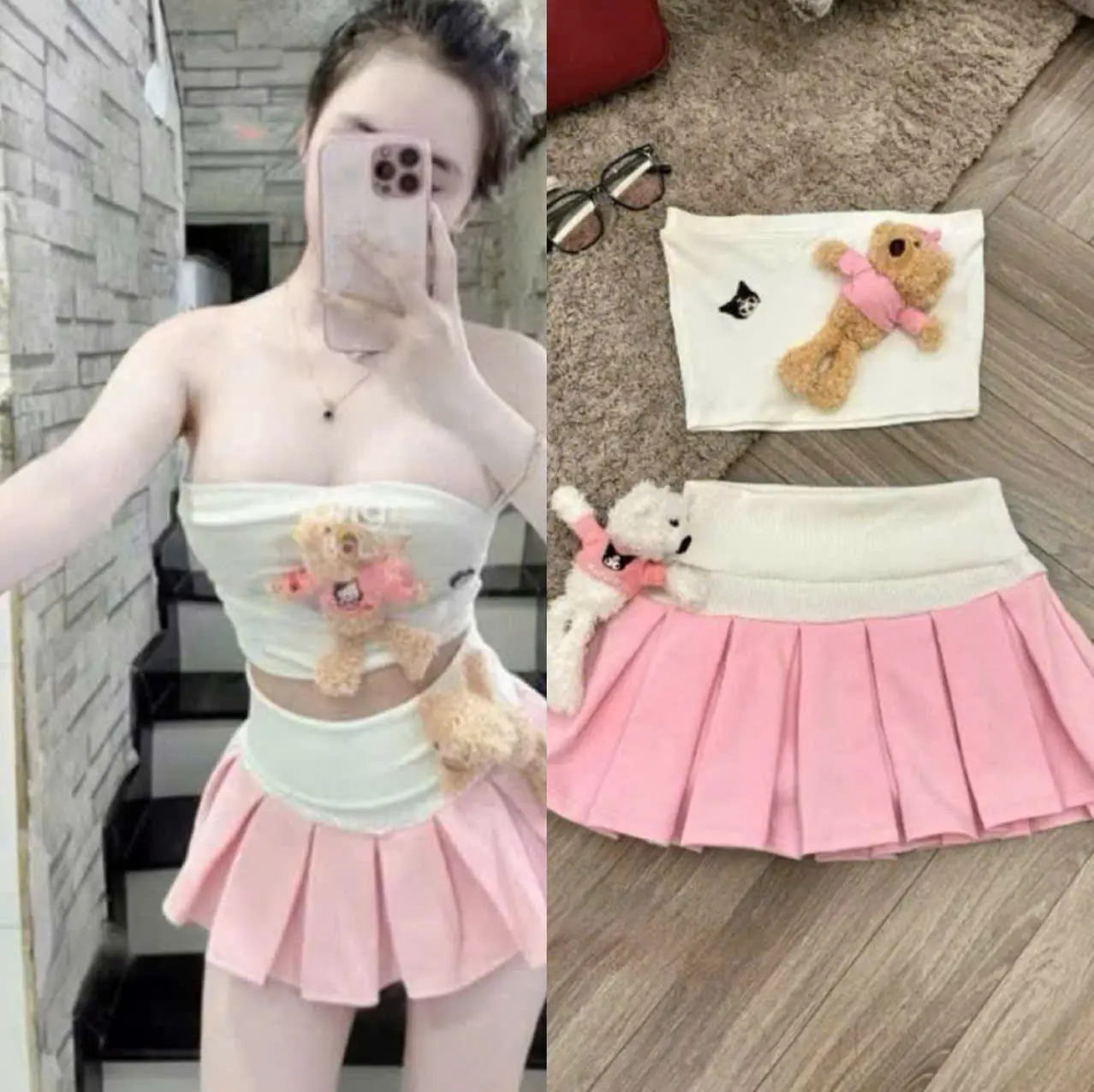 Set áo ống kutee kèm gấu cài chân váy xếp liii xiêu dễ thương Top Nữ