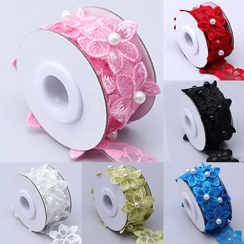 3.5x50cm 3D Lace Pearl Ribbon Single-layer Embroidered Organza Hexapetalous Flower DIY Skirt Hem Clothes Accessories
