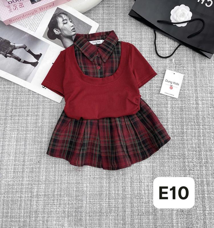 Dung Kids 05 - E10 Set kẻ 2 màu, Áo Pha Cổ sơ mi kẻ kèm chân vát xòe xinh xắn cho bé gái 4