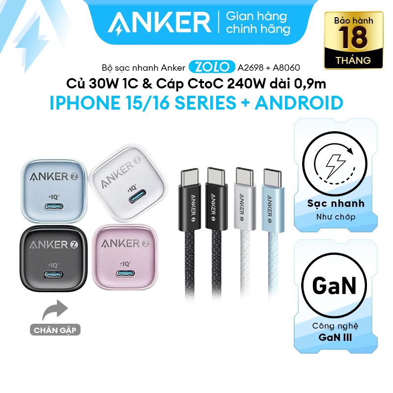 [COMBO 30W] (Dành cho Iphone 15/16 - Android) Combo bộ sạc nhanh Anker 30W - Củ sạc nhanh Anker Zolo GaN 30W 1 cổng USB-C A2698 & Cáp sạc nhanh ANKER Zolo USB-C to USB-C công suất cao 240W dài 0.9m - A8060
