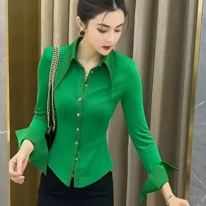 Áo Sơ Mi Xanh Lá Cây, Dành Cho Nữ, Áo Cánh Dài Tay, Mỏng Vừa Vặn, Phong Cách Hàn Quốc, Thời Trang Mới, Thích Hợp Mặc Công Sở, Áo, 2024 0