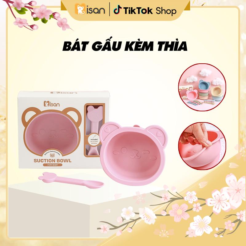 [Misan] Bát Ăn Dặm Silicon Cho Bé Kèm Thìa Có Vạch Chia ML Hình Gấu Có Đế Hít Chống Trượt