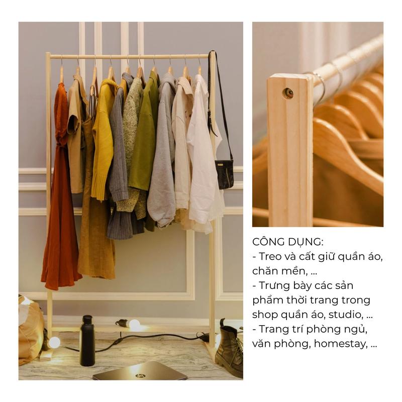 Giá Treo Quần Áo Gỗ Đơn 78x40x140CM - Treo Được Đồ Dài - Phù Hợp Trang Trí Phòng Ngủ, Homestay, Shop Thời Trang, Treo Đồ Livestream, ... 2