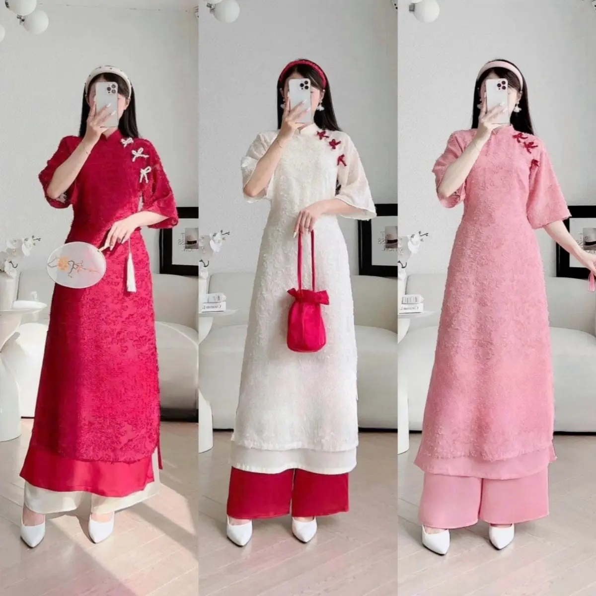 Áo dài cách tân lông tơ hoa 4 tà siêu xinh - áo dài lông vũ hot trend