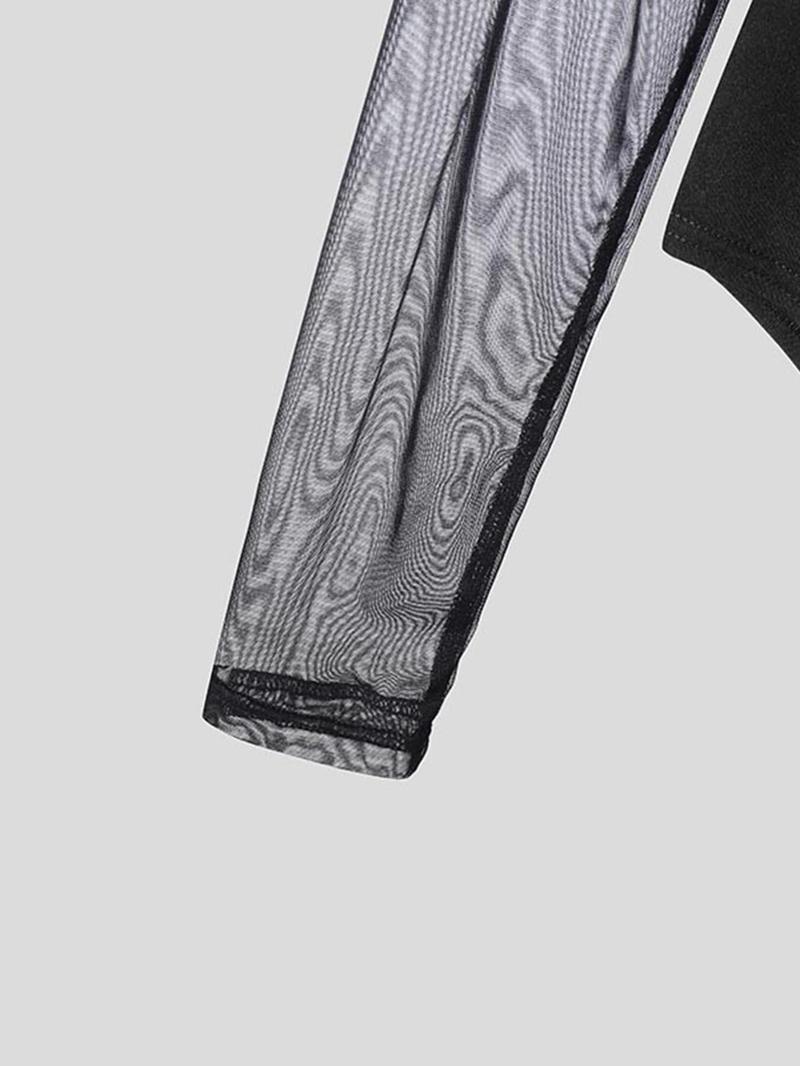 Product Introduction of Men's Sexy Mesh Patchwork Long Sleeve Bodysuit , Casual V-Neck Triangle Rompers for Party & Homwear, Fashion Men's Jumpsuits for All Season 6