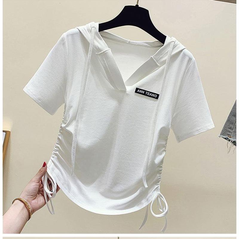 Áo Thun Ngắn Tay Có Mũ Trùm Đầu, Chất Liệu Lụa Lạnh Dành Cho Nữ, Thời Trang Mùa Hè Mới, Dễ Phối Đồ, Thiết Kế Dây Rút Bất Đối Xứng Áo Sơ Mi Lớp Nền Ngắn 1