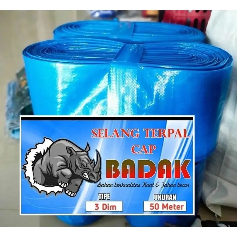 Selang terpal plastik diesel ukuran 3dim dan 4dim panjang 50meter Biru Tanaman Sayur cap badak