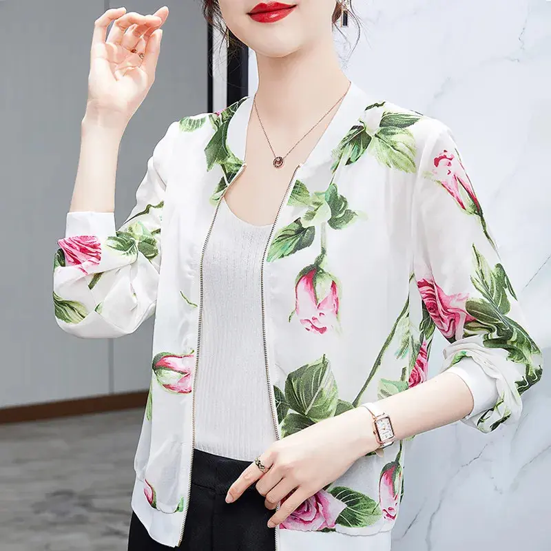 Áo Khoác Cho Mẹ, Dài Tay, Dành Cho Nữ, Mùa Xuân Và Mùa Hè, Phong Cách Hàn Quốc Mới, Ngoại Cỡ, Áo Khoác Bóng Chày, Dễ Phối Đồ, Ngắn, Hoa Vàng, Áo Khoác Chống Nắng 6