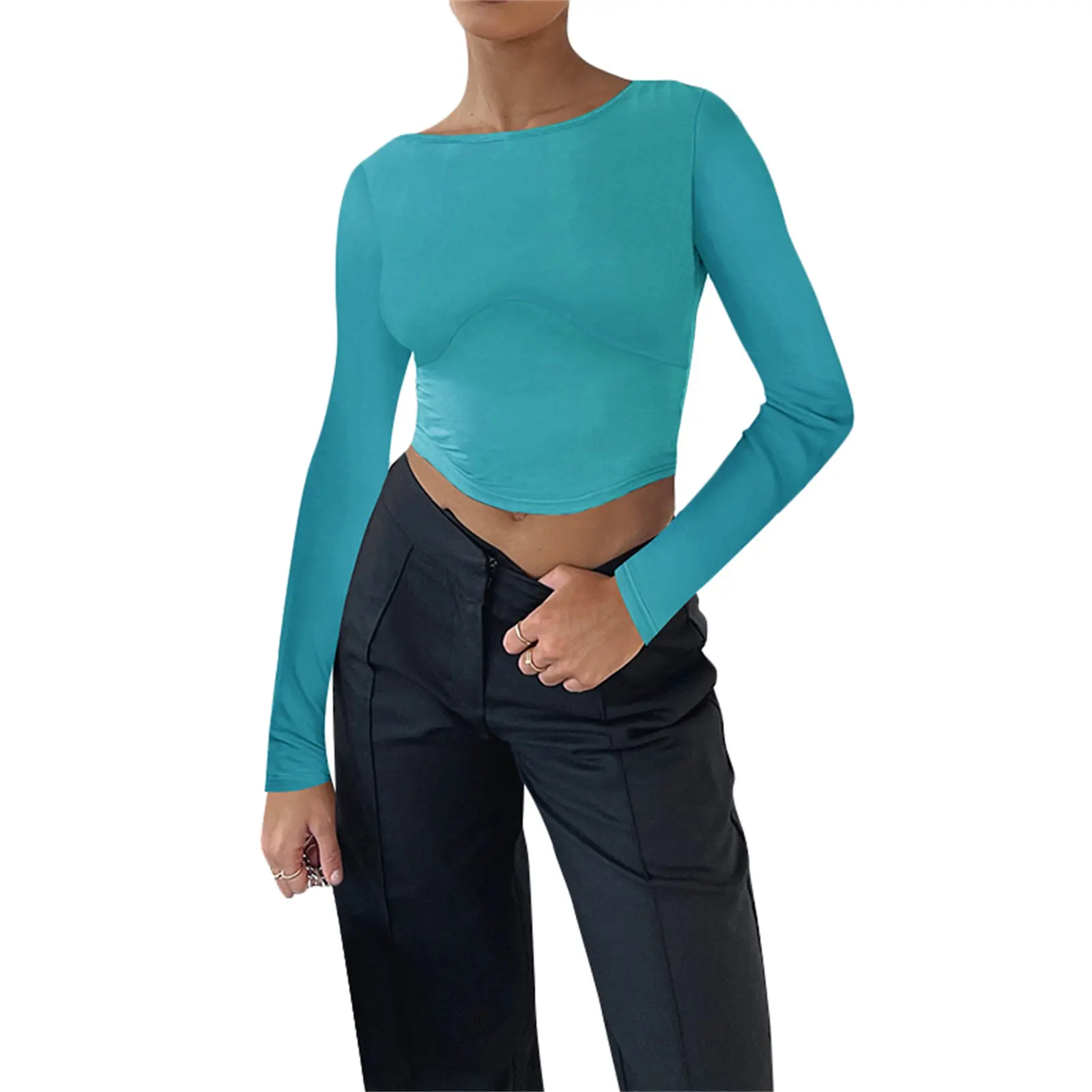 Women´s Long Sleeve Cropped Tops, Solid Color Round Neck Backless Show Navel T-shirt for Spring Summer