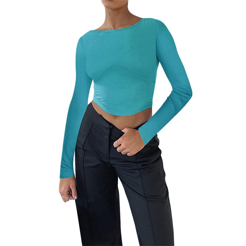 Women´s Long Sleeve Cropped Tops, Solid Color Round Neck Backless Show Navel T-shirt for Spring Summer 0