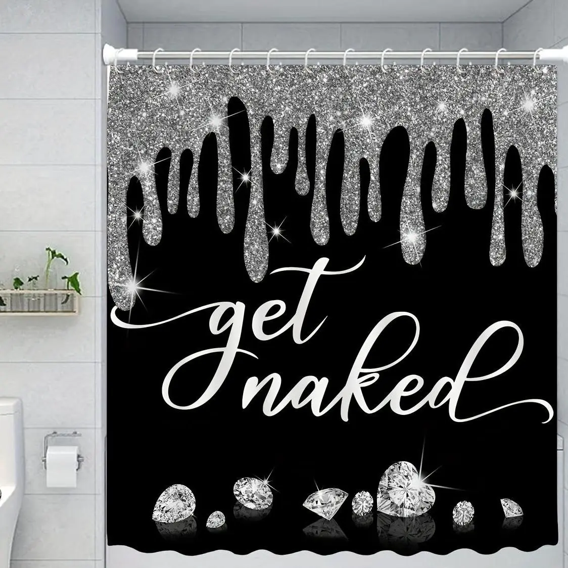 Bathroom Decor Supplies, 1 Count Shiny Diamond Letter Pattern Bathroom Shower Curtain with 12 Hooks for Home Bathroom Decoration