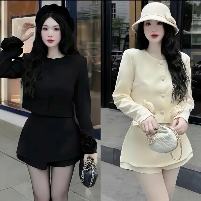  Set bộ nữ kaki mềm cổ tròn cài nút thật dài tay đính hoa mix quần ngắn giả váy xinh xắn thích hợp cho các nàng diện đi chơi,đi tiệc.women top 