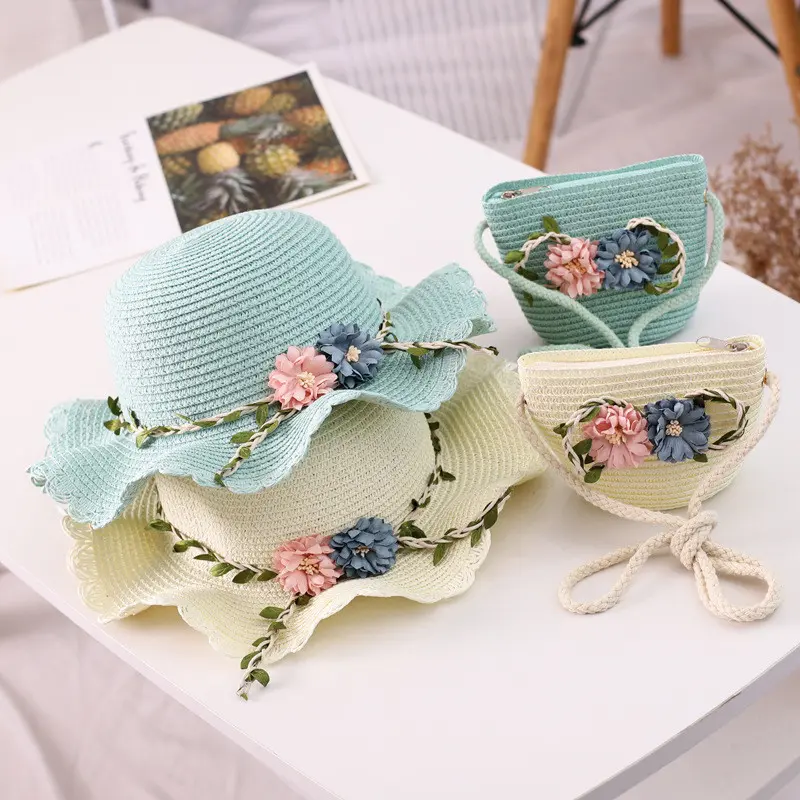 Summer Fresh Sunshade Straw Hat Parent Child Wave Roll Cute Small Bag Bow Fisherman Hat