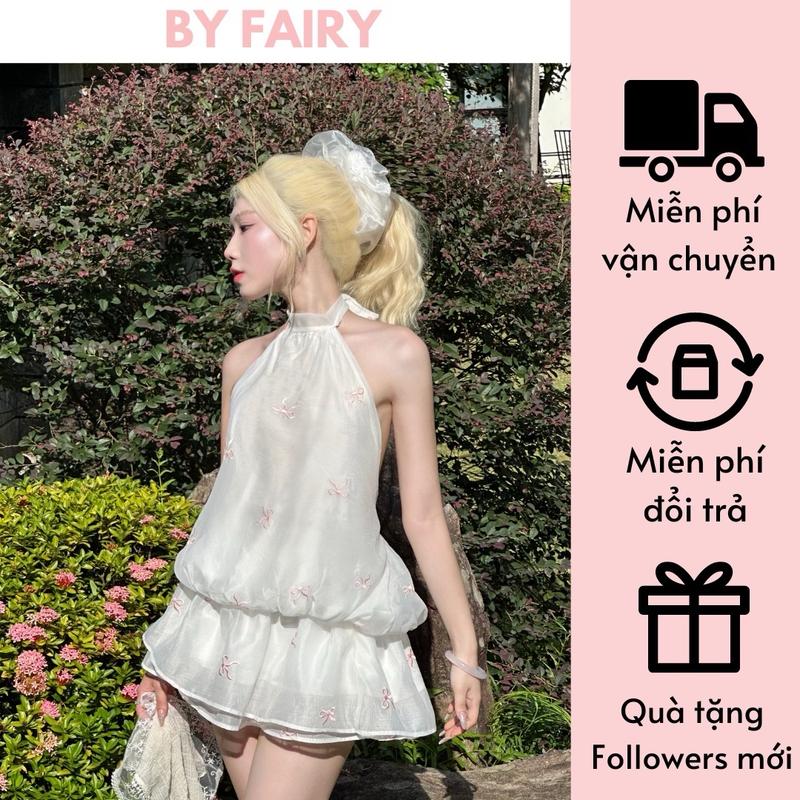 [TẶNG KÈM QUẦN] Ella set - SET VÁY CỔ YẾM THÊU NƠ HỞ LƯNG XINH XẮN CHO NỮ - BY FAIRY Áo Women Dress Top Kem Jacket vaytet