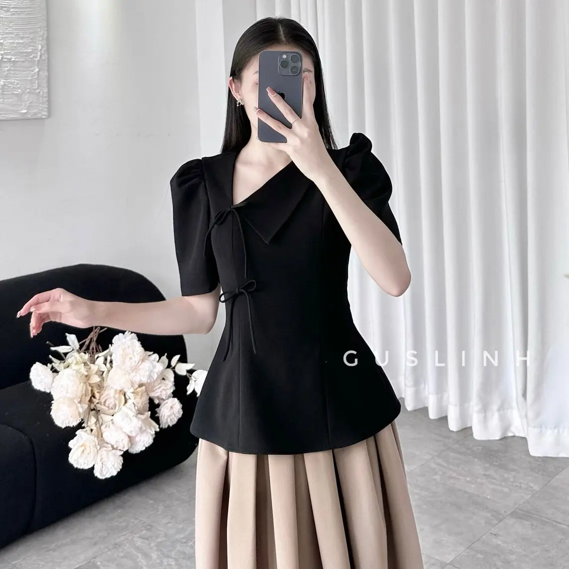 Áo kiểu nữ dáng peplum cổ lệch gắng 2 nơ thanh lịch đi làm đi tiệc