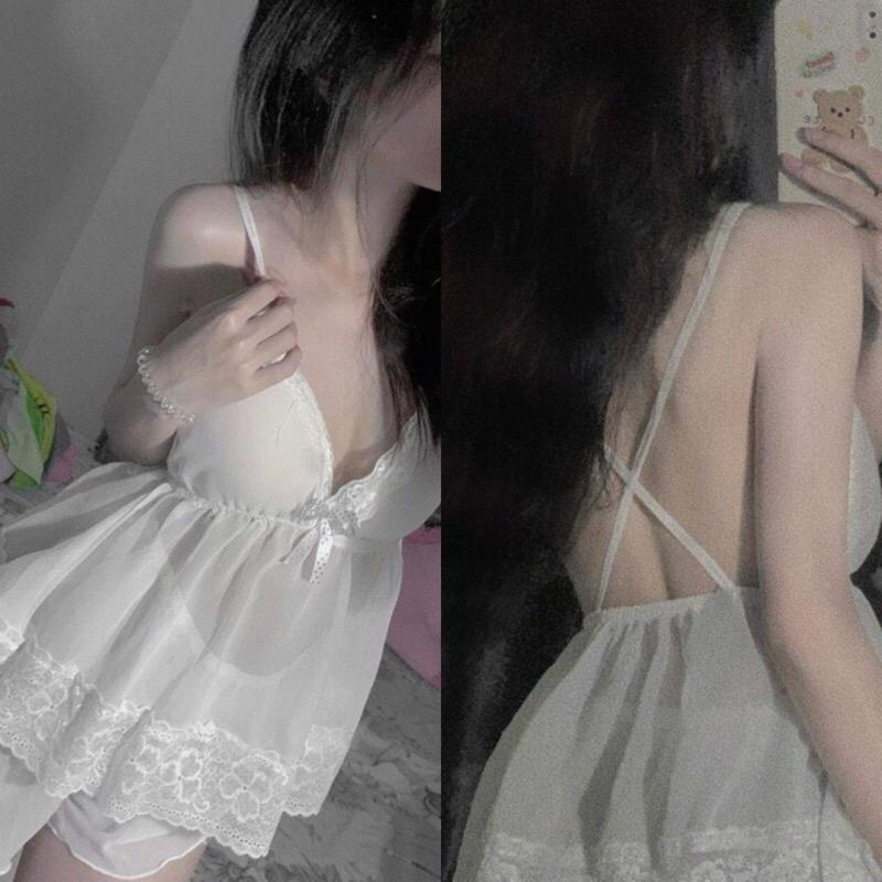 [Ren đùi Bigsize] Đùi Von Ren Trắng dây chéo lưng, kèm mút lót, chất liệu Voan xuyên thấu, mềm mát freesize dễ mặc, tôn dáng. Đa dạng màu sắc lựa chọn, làm đồ ngủ, đồ bộ cực xinh. Kem Women Nữ Áo Top