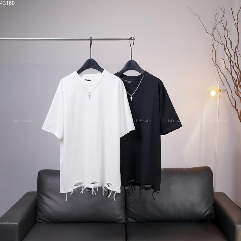 Áo thun No.1 Studio áo thun dây cổ rách gấu hai màu đen trắng cho nam nữ 6286