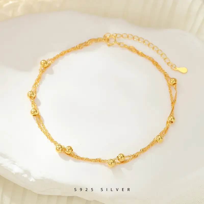 S925 Silver Double Layer Round Beads Anklet Female Niche Simple Classic Lucky Beads Design Girlfriend Gift Jewelry classy  jewelry kundan  jewellery hypoallergenic  jewelry art  phro bracelet anklets