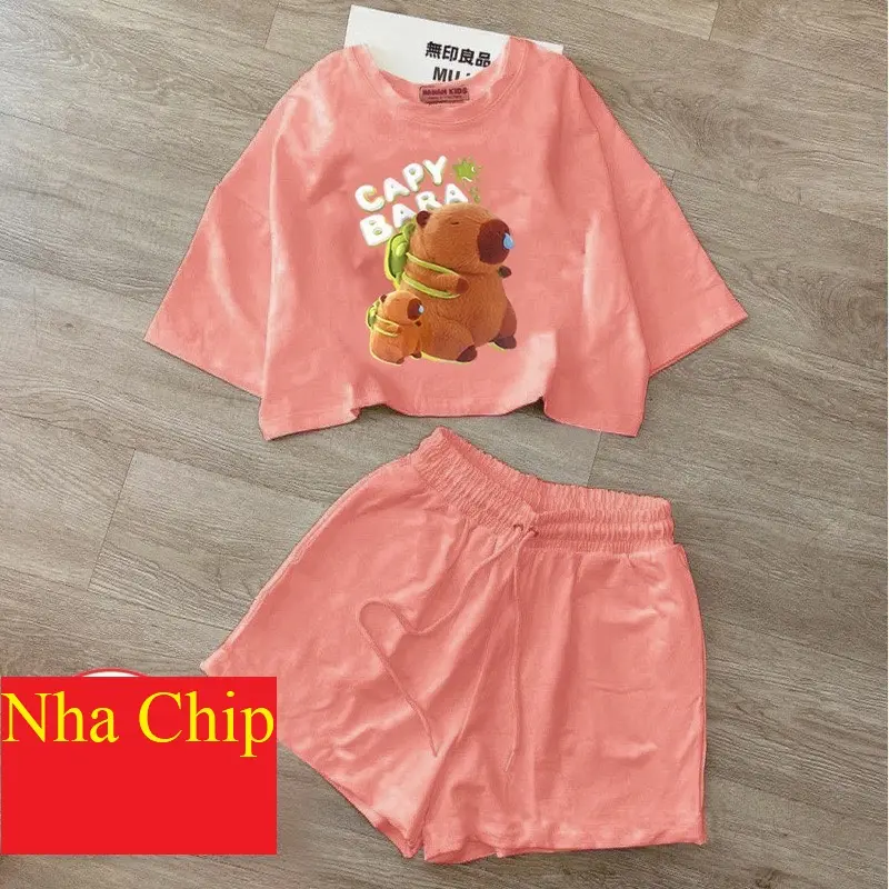 BỘ BÉ GÁI CROPTOP-IN HINH GẤU CAPYBARA Cotton 2