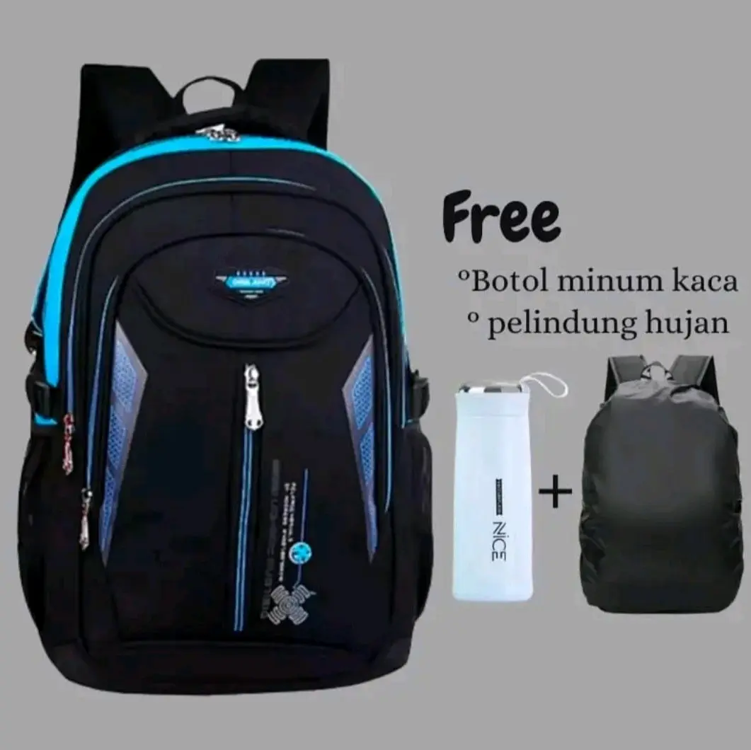 Tas Anak Sekolah SD SMP SMA Set Botol Minum Kaca Dan Kain Pelindung Hujan Ransel Sekolah Anak Laki - Laki Dan Perempuan Serbaguna Model RD Silang Fashion