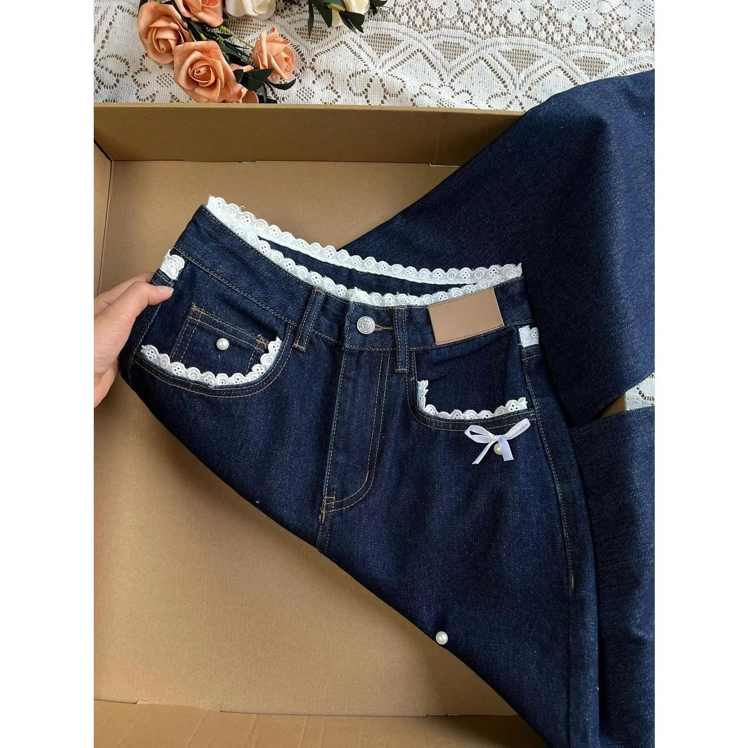 Quần Dài Jean Ren, Cỡ Nhỏ Cổ Điển Mỹ Màu Xanh Đậm, Dành Cho Nữ, Trang Phục Mùa Thu, Thiết Kế Xếp Nhún Cạp Cao, Quần Ống Đứng Và Dáng Rộng