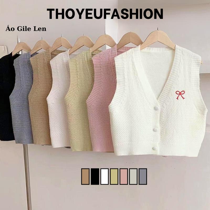 Áo Gile Len Nữ Thêu Nơ Xinh Xắn, Áo Dệt Kim Len Cổ Chữ V Nhiều Màu GL2208 Màu Đen