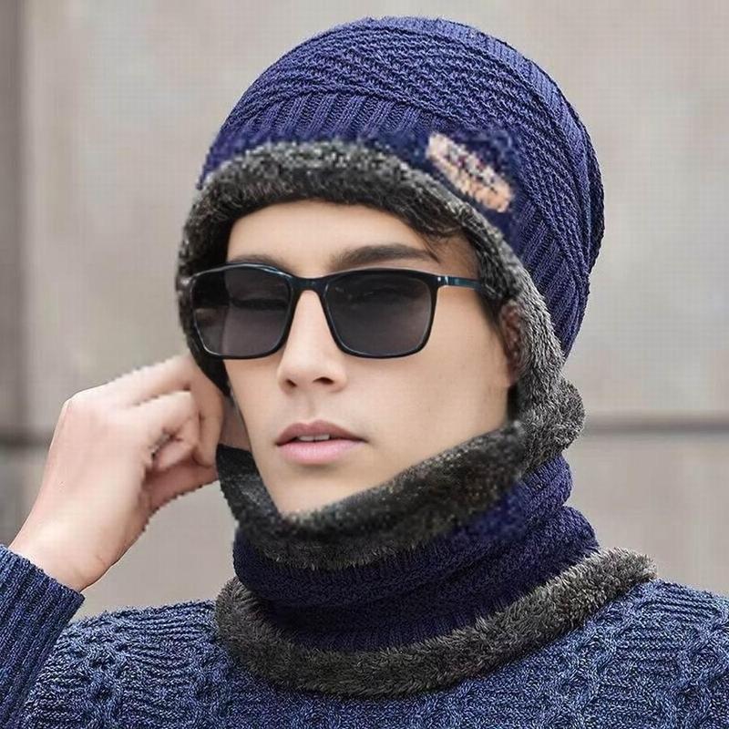 Product Introduction of Men's Winter Outdoor Sports Hat, 2 Counts/set Knitted Hat with Scarf, Warm Earmuffs Knitted Hat, Outdoor Men's Hat 0