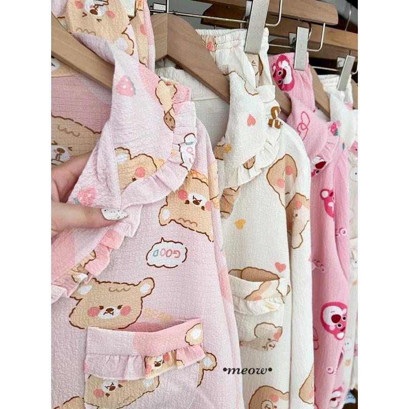 Đồ Mặc Nhà, Bộ Ngủ Nữ, Pijama Tay Dài Chất Liệu Đũi Xốp Hàn Freesize 2