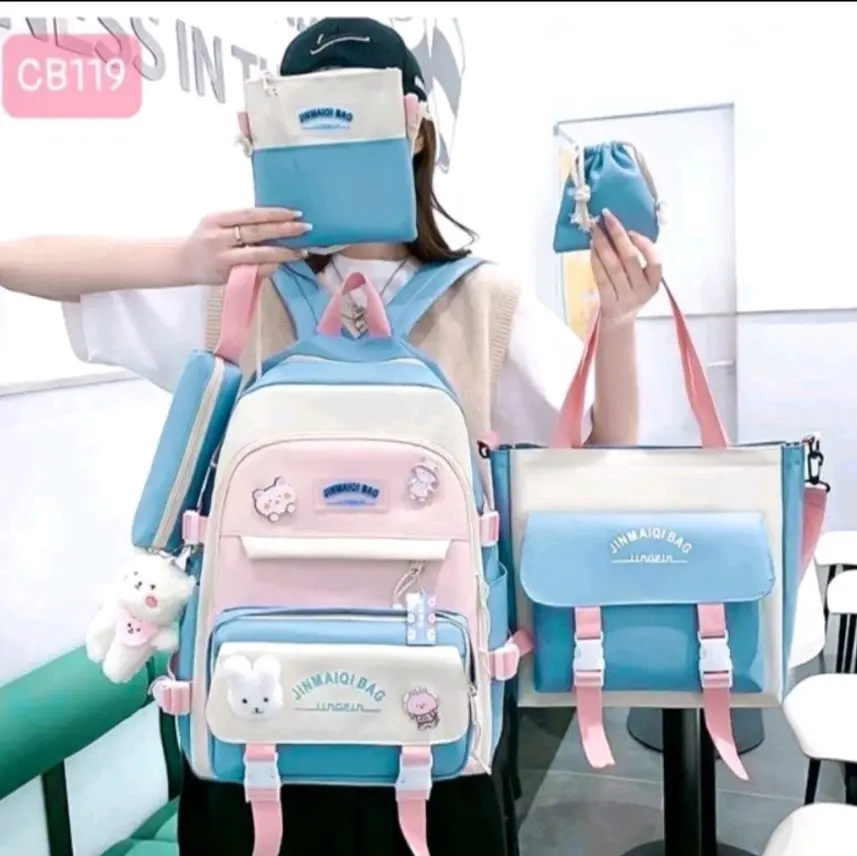 set 4 balo túi học sinh đi học vải bố chống nước: JINBAG