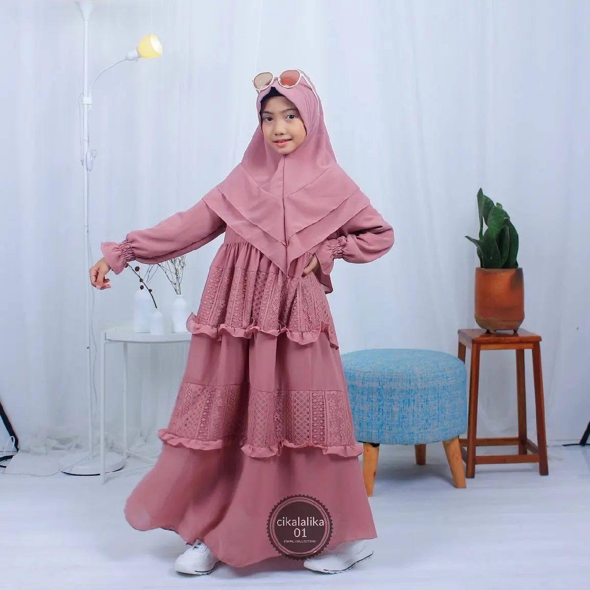 set gamis anak brukat MALIKA susun Bunga Muslim Ceruty Dress Baju Kerudung Lebaran Remaja