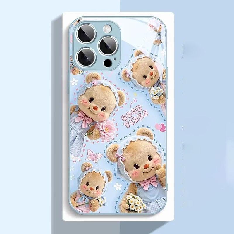 เคสโทรศัพท์แก้วหมีเนยสีฟ้าน่ารักสำหรับ OPPO/VIVO/SAMSUNG/APPLE/XIAOMI/REDMI เข้ากันได้กับ RENO14/13F