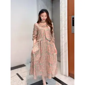 FADFAD Gaun Wanita Dua Potong Palsu Rok Panjang Sedang Bermotif Gaya Kasual