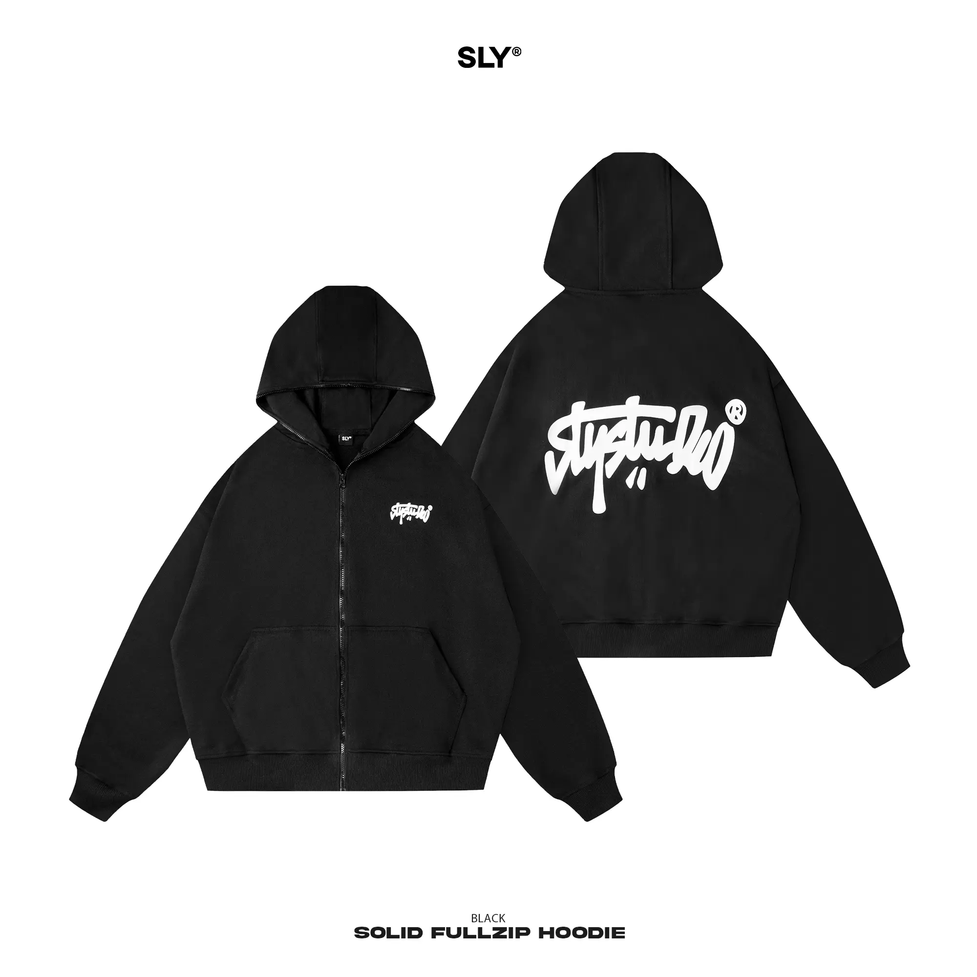 Áo Hoodie nỉ chân cua Fullzip SLY Solid màu Đen Dài Tay Menswear