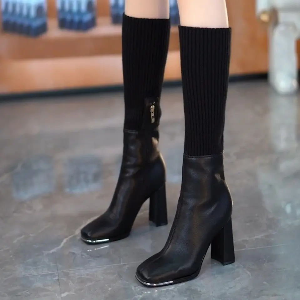 Giày bốt nữ, Boot dưới gối cao 7p chất da PU cổ len ôm chân bên trong lót lông phong cách thanh lịch