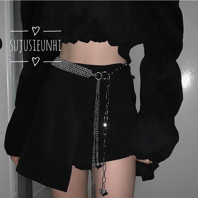 Dây đeo eo hoặc cổ dạng chuỗi xích phối hạt bi dáng dài gắn trái tim- trang trí thắt lưng, váy, quần