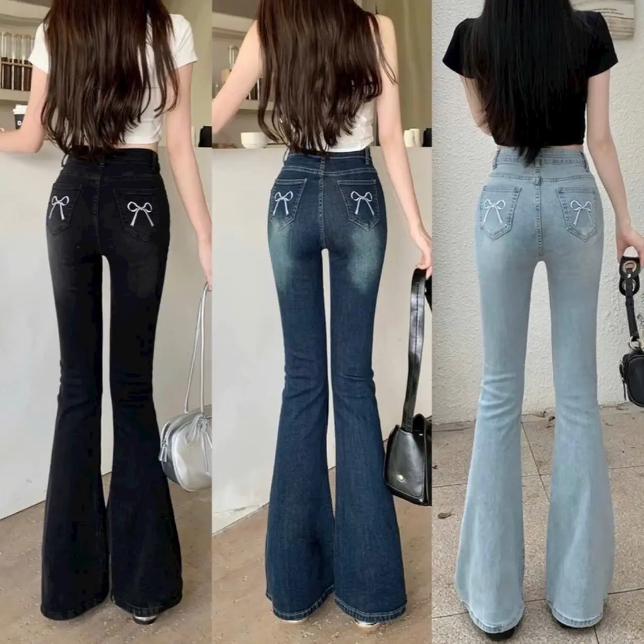 Quần jeans ống loe túi sau thêu hoạ tiết nơ lưng cao co dãn phong cách hàn quốc