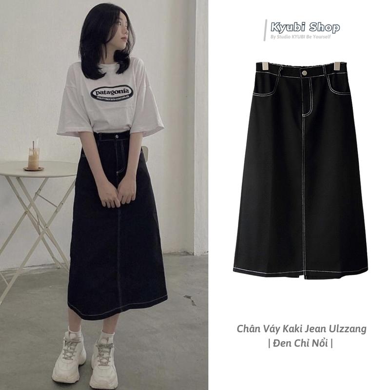  Chân váy jeans kaki ulzzang cạp chun  Có bigsize  - chân váy bò dáng midi lưng cao hàn quốc màu đen chỉ nổi KYUBI CV025 Nữ 