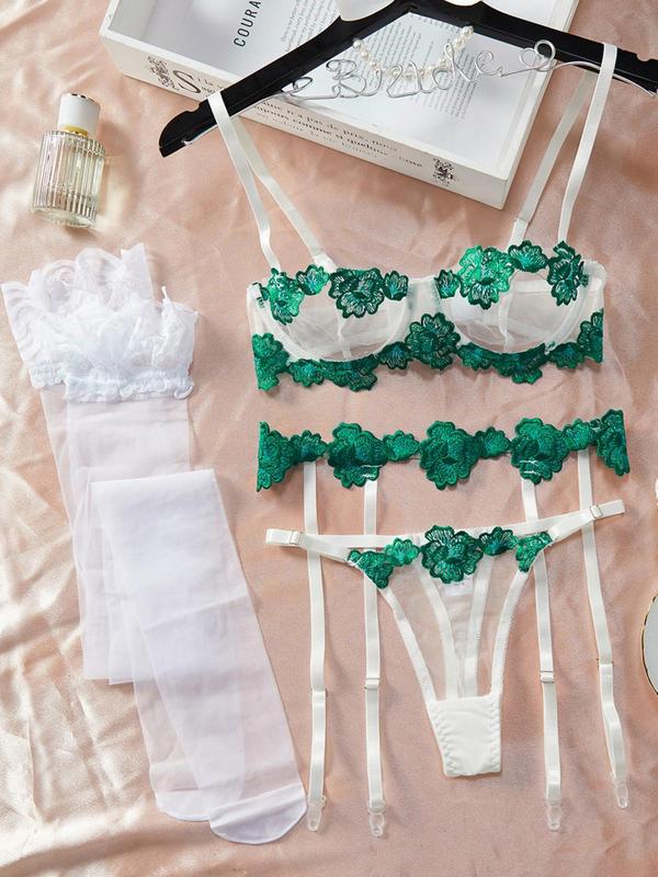 Women's Floral Lace Bra & Thong & Garter Belt & Stockings & Gloves Set, Sexy Comfy Breathable Lingerie Set for Women, Women's Underwear for All Seasons 8