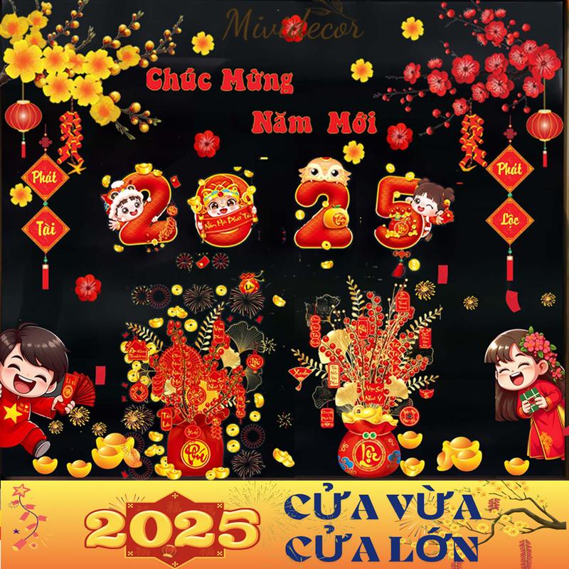 Decal dán kính tết 2025 năm ẤT TỴ chữ Việt link cửa vừa và cửa lớn nhìn được 2 mặt đủ chi tiết như hình Mividecor