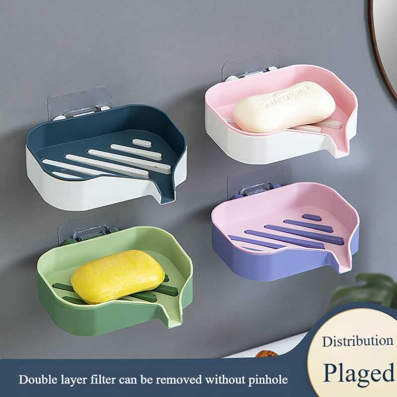 Double layered box perforated wall mounted water draining household bathroom soap non nail suction cup soap holder 3