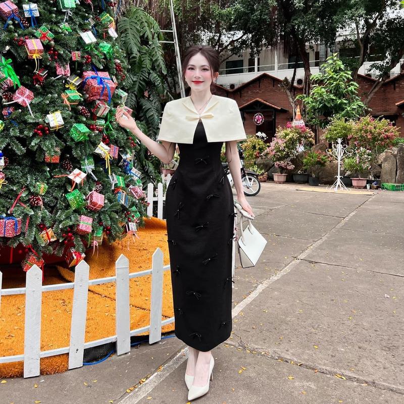 Sét đồ đi tiệc sang trọng S552 gồm đầm body dáng dài bút chì 2 dây bản to mix nhiều nơ chất mango lót lụa có đệm mút kèm choàng vai tafta freesize KimHoa77