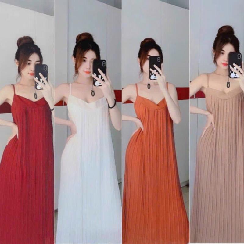  Váy 2 Dây dập ly Trơn thông thường ảnh thật 