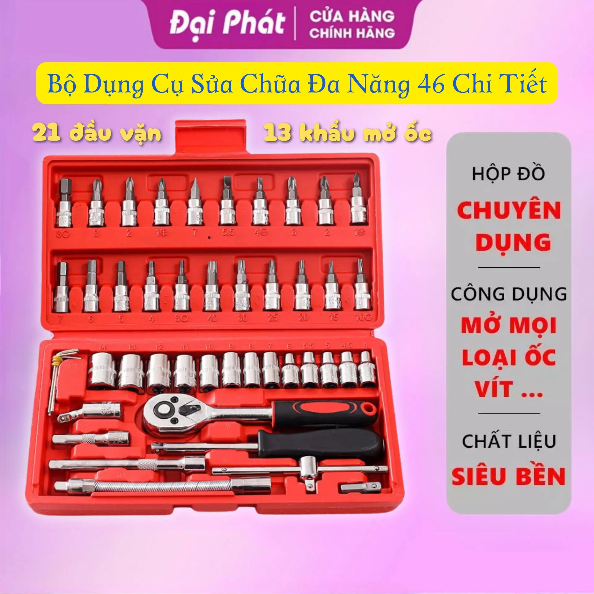 Bộ dụng cụ mở bu lông ốc vít,sửa chữa ô tô xe máy, bộ dụng cụ sửa chữa đa năng 46 chi tiết cầm tay cao cấp