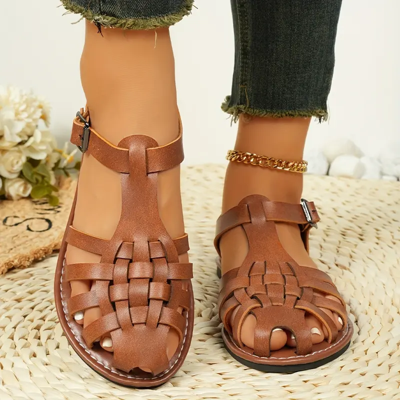 Women's Solid Color Casual Sandals, Ankle Buckle Strap Braided Summer Shoes, Closed Toe Beach Shoes Footwear Girl